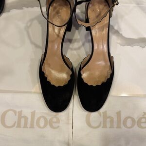 Chloe Black Ankle Strap Scalloped Heels